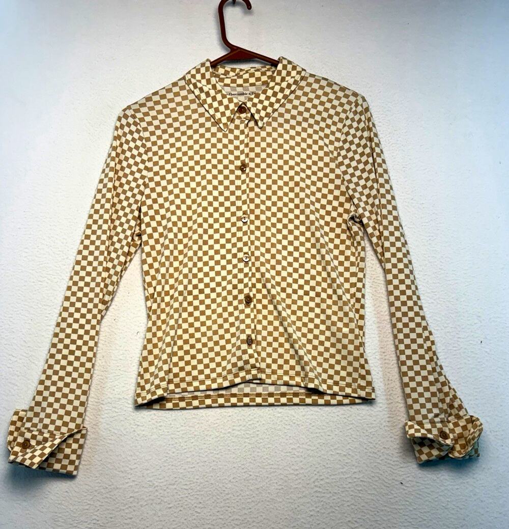 Abercrombie & Fitch Women’s Collared Check Button-Up Shirt Stretch Beige/White S